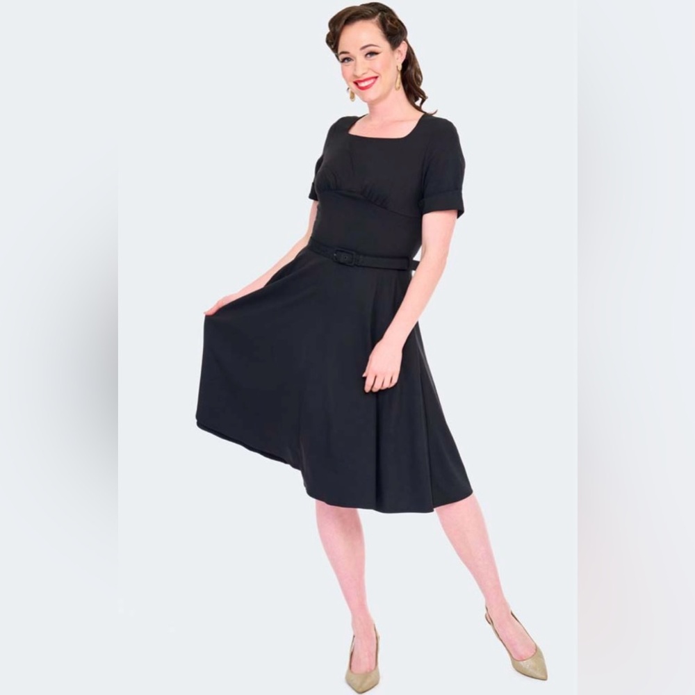 Voodoo Vixen Classic Black Midi Dress Pinup Retro 50's Stretch Square Neck Sz 6